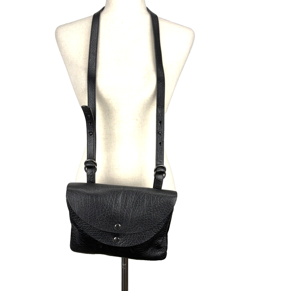 Eileen Fisher Black Pebbled Leather Double Flap Crossbody‎ Purse Bag Minimalist